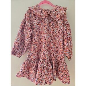 Next Kids Floral Cotton Dress Peter Pan Collar Orange Pink 4-5 Years 800-522-412